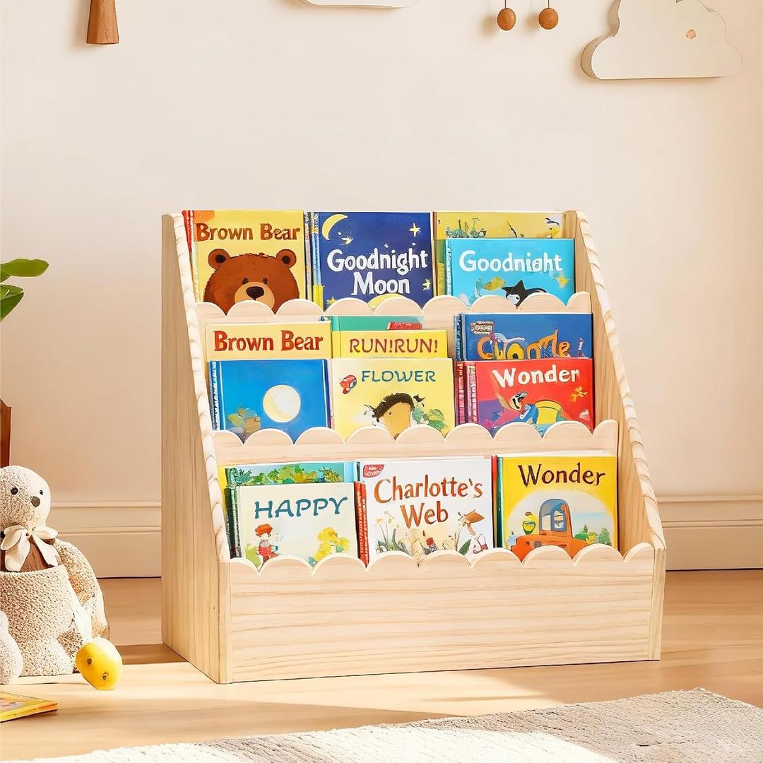 Scalloped Kids Book Shelf, Montessori 3-Tier Wooden Toddler Bookshelf for Ages 15, Nursery & Kids Room Bookshelf, Safe & Sturdy Playroom Book Shelf, Natural Wood