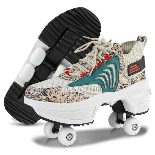 Roller Skate Shoes for Women Kids Roller Shoes Boy Girl Sneakers with Retractable Wheels Breathable Roller Skates Shoes for Christmas Birthday Children Show Gift (Brown, 8.5)