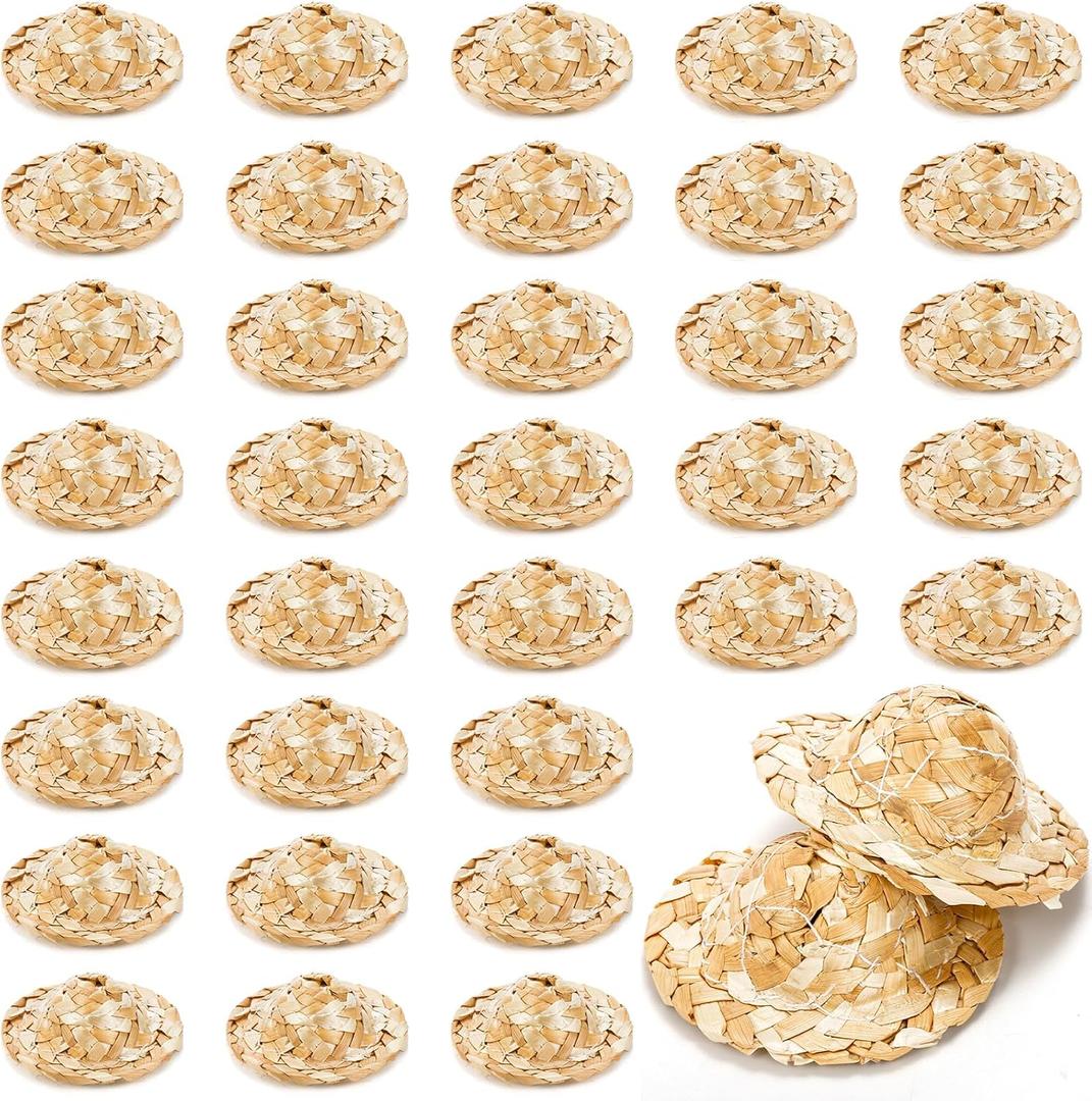 40 Pieces Mini Straw Hats, Tiny Straw Hats for Mini Doll, 2 Inch Straw Mini Cowboy Hat for Crafts, Miniature Knitting Straw Hat for DIY, Pets, Party Decoration