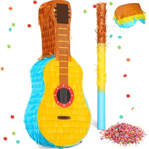 Sratte Guitar Pinata Bundle with a Blindfold and Bat, Kids Guitar Musical Fiesta Pinata for Boys Girls Adults Birthday Parties, Music Party Favors, Carnival and Related Events, 16 x 7 x 3 Inches