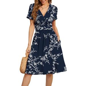 WEACZZY Women's Summer Short Sleeve Casual Dresses V-Neck Floral Party Dress with Pockets (L)