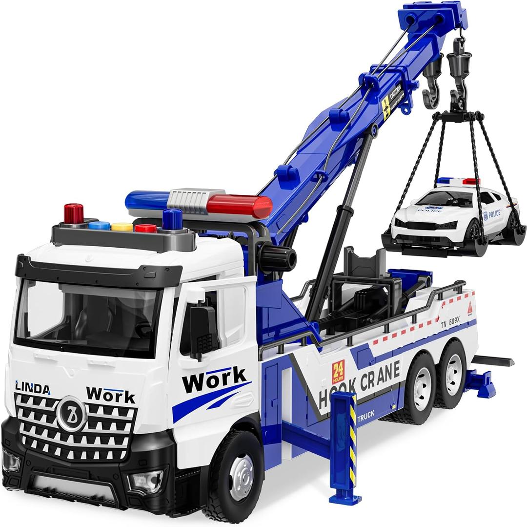 Crane Tow Truck Toy for Car Truck Rescue Police Pickup Road Clearance Vehicle Construction Vehicles Lights Sounds Christmas Birthday Easter Gift for Kids Boys 3 4 5 6 7 8 Years Old Double Hook