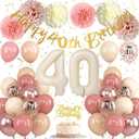 40th Birthday Decorations for Women Retro Blush Pink Birthday Balloons Happy 40th Banner Cake Topper Pom Pom Nude Rose Gold Number 40 Balloon for Her 40 Years Old Bday Party Decoration Supplies