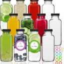 STARSIDE 12 oz Glass Juice Bottles with Lids 12 Pack - Square Reusable Drinking Jars for Juicing, Milk, Kombucha - Includes 1 Bottle Brush, 12 Colored Labels