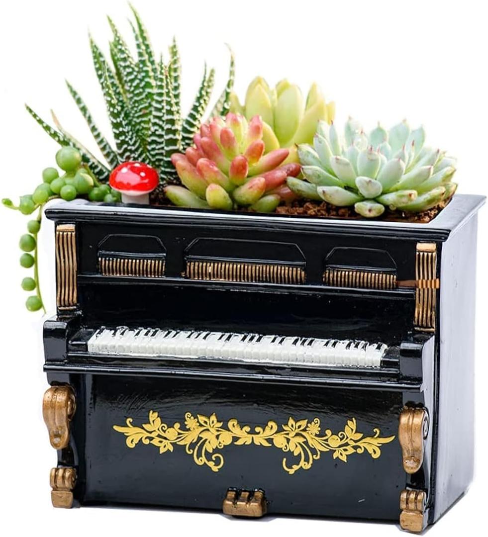 Wooden Pots, Mini Flowerpot, Retro Resin Succulent Planter Bonsai Pot Desk Holder Mini Ornament (Piano Black)