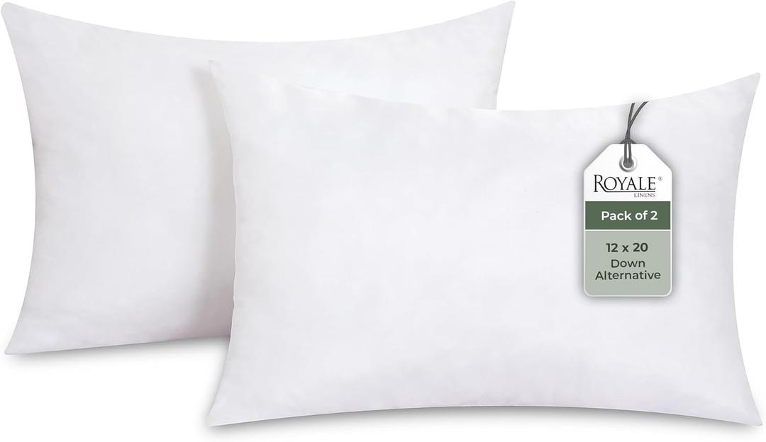 ROYALE LINENS 12x20 Pillow Insert - Down Alternative Throw Pillows Insert - Rectangle Pillow Pack of 2 White - Bed & Couch Pillows - Inner Cushion for Bed, Cushion for Living Room - Shams Stuffer