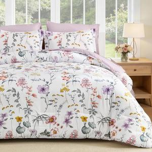 DJY Queen Comforter Set, White Botanical Floral Bedding Comforter Sets Queen Size for All Seasons, 7 Pieces Bed in a Bag Lightweight Microfiber Comforter Set with Sheets Pillowcases & Shams