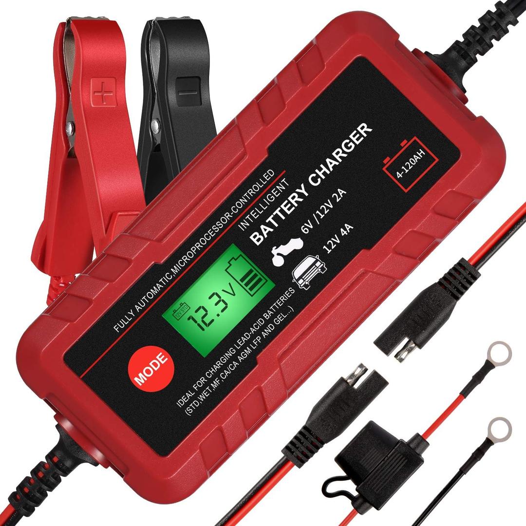 Adakiit 4A Smart Car Battery Charger, 6V 12V Automotive Charger Maintainer Fully Automatic 8Stages Trickle Charger for Automotive Motorcycle Car Battery, Portable 4A Smart Car Battery Charger 6V 12V