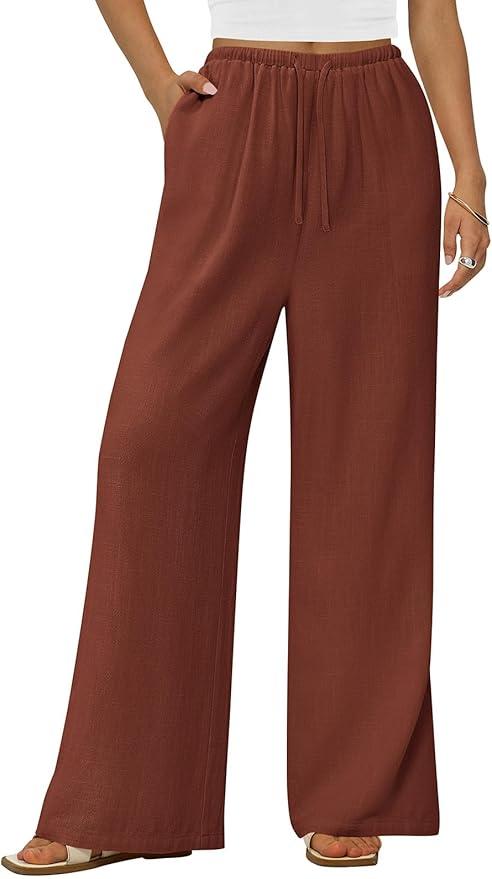 PRETTYGARDEN Summer Wide Leg Linen Pants Women with Pockets High Waist Drawstring Loose Casual Palazzo Lounge Pants Women L