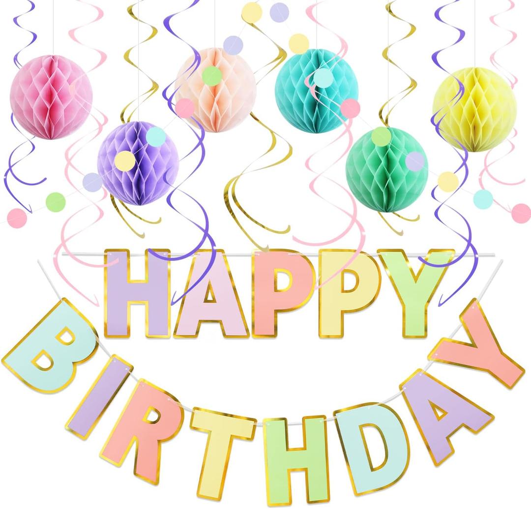 Pastel Birthday Decorations Kit - 17-Piece Set with Pre-Strung Happy Birthday Banner, Honeycomb Balls, Garland & Swirls | Macaron Theme Party Supplies for Women Girls Kids, Teens Adults