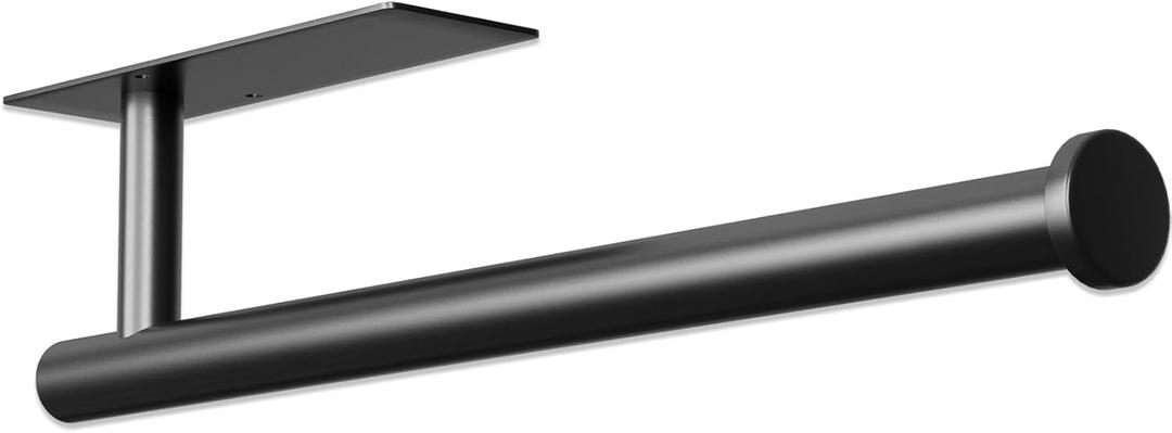 Paper Towel Holder, Improved Premium Paper Towel Holder Under Cabinet, Stainless Steel Paper Towel Holders Rack for Kitchen, Bathroom, Pantry, Fridge, Adhesive or Drilling, Black, 1 Pack