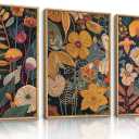 Vintage Burnt Orange Floral Framed Canvas Wall Art Set of 3, Boho Black and White Flower Artwork, Mid Century Modern Plant Wall Decor, Colorful Neutral Botanical Art Prints for Bedroom Living Room Office 16"x24"