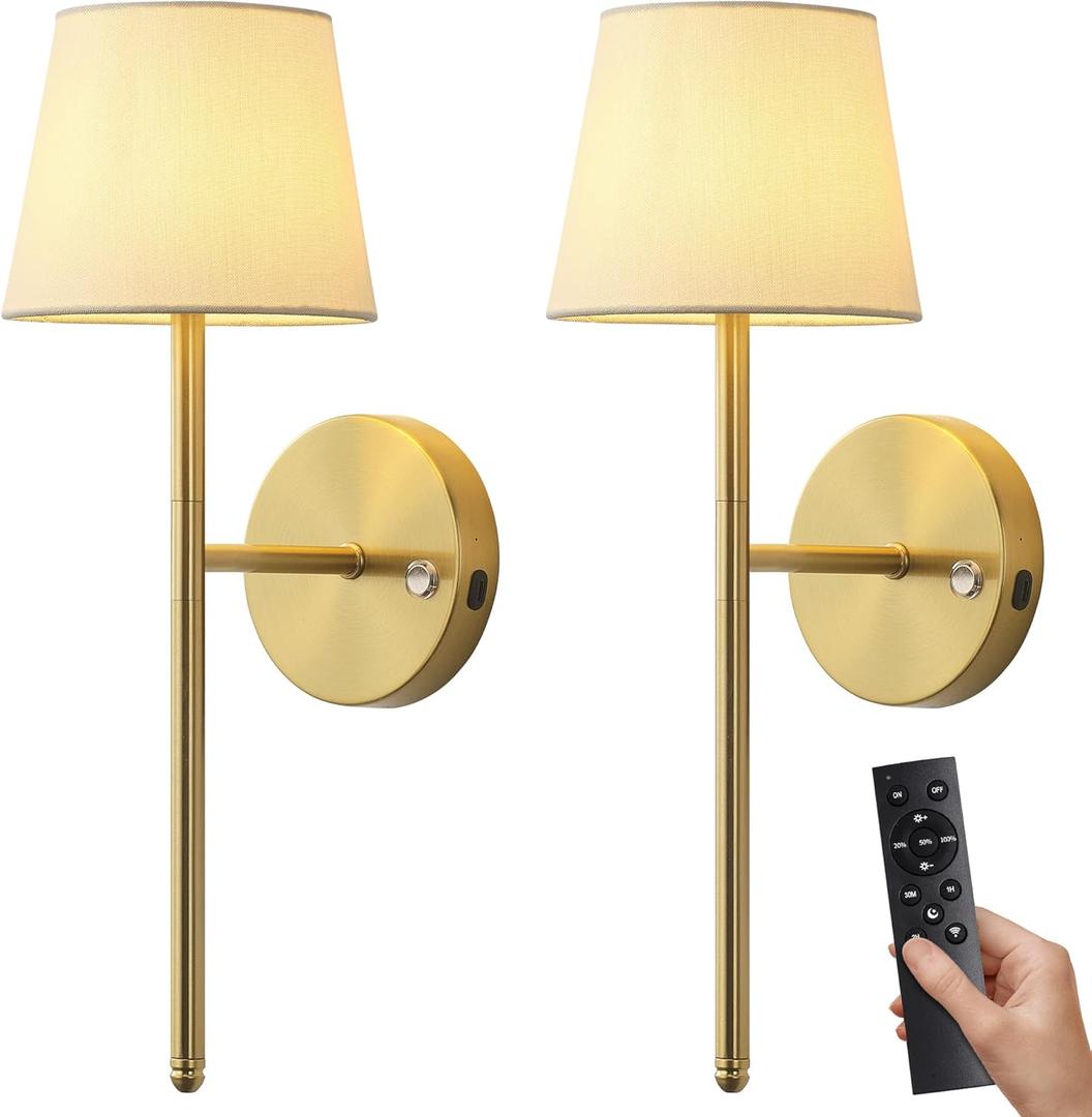 Gold Wall Sconces Set of Two, Small Rechargeable Battery Operated Wall Lamp with Remote, 5200mAh Cordless Wall Lights with Fabric Shade for Bedside, Bedroom, Nursery, Kitchen, Night Light