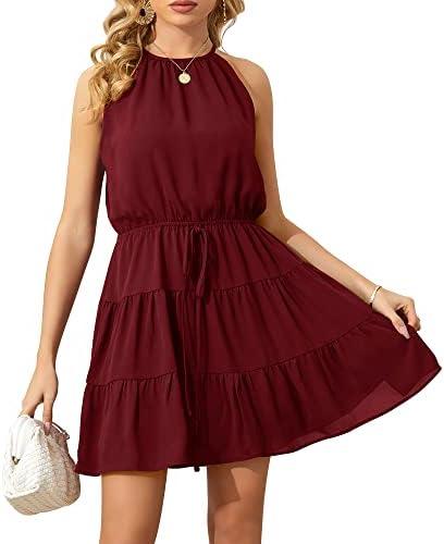 Summer Dress for Women Chiffon Blouses Skirt Spaghetti Sleeveless Tops Halter Ruffle Romper Sun Flowy Summer Outfits, L