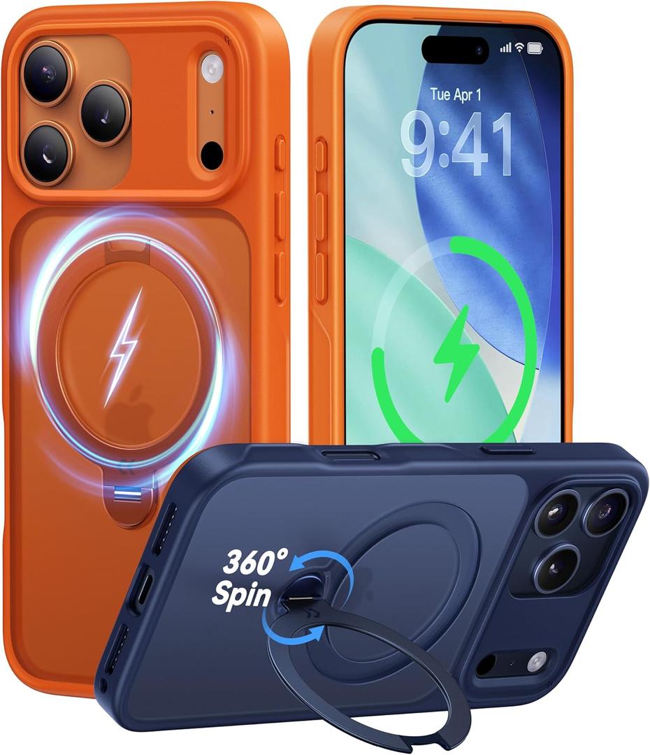 CASEKOO Orange for 17 Pro Case with 360 Spin Magnetic Stand [Camera Protection] [18FT Military Grade Protection] [Fit for MagSafe] Ring Grip Slim Matte 17 Pro Case 6.3 Inch