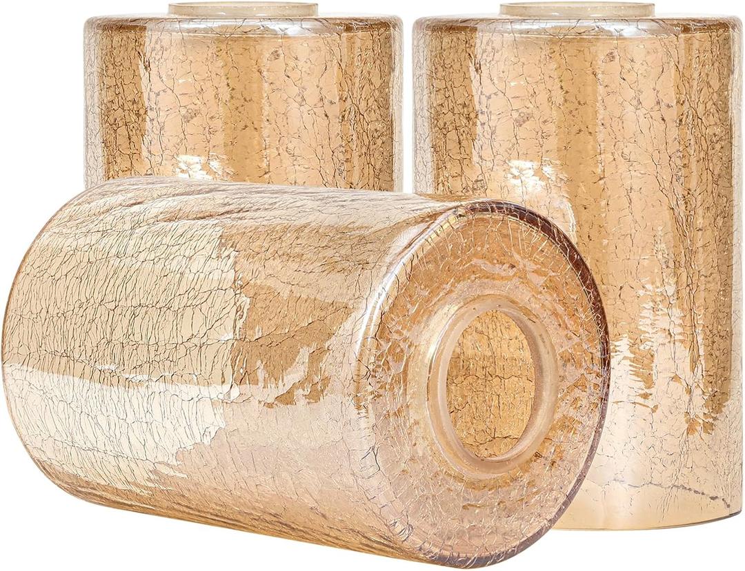 3 Pack Amber Crackle Glass Lamp Shade Replacement, 6-1/16" Tall, 1-5/8 Inch Fitter, Crackle Effect Farmhouse Cylinder Globe Cover for Chandelier Pendant Light Wall Sconce Lighting Fixture