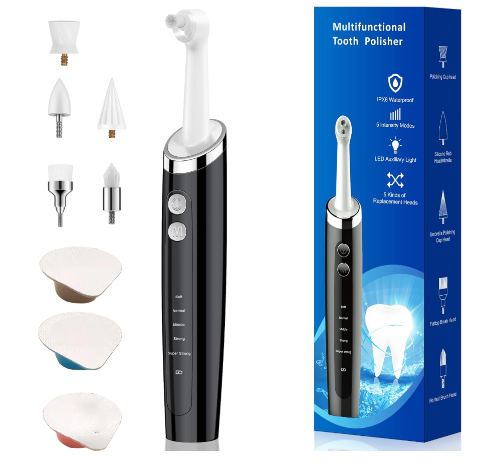 Pelzzle Tooth Polisher, Rechargeable Teeth Polisher for Daily Cleaning, Whitening and Polishing, Electric Dental Teeth Polishing with LED Light, 5 Brush Heads, 5 Speed Modes, Waterproof