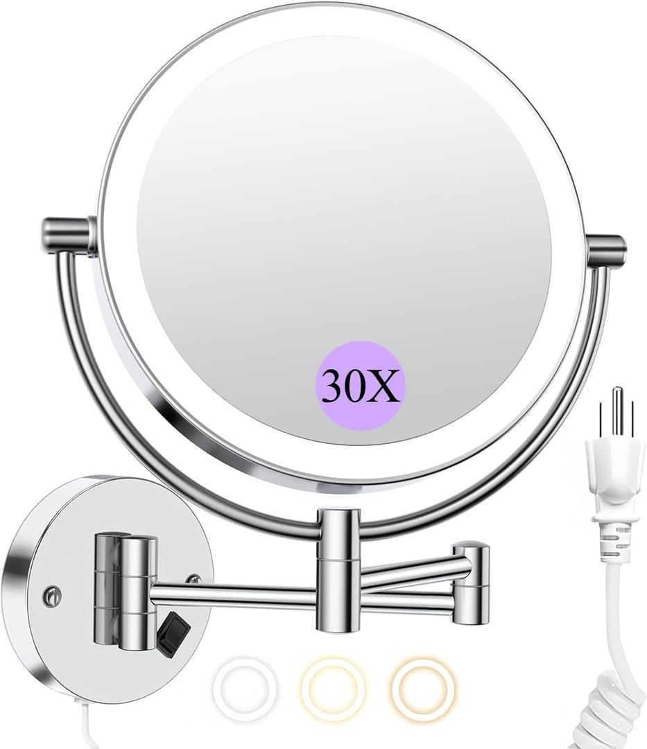 Wall Mounted Makeup Mirror with Lights, 30X/1X Double-Sided Magnifying, Plug-in Lighted Vanity Mirror with 3 Color Modes, Dimmable Brightness, 360 Swivel Extendable Arm for Bathroom & Grooming (Chrome)