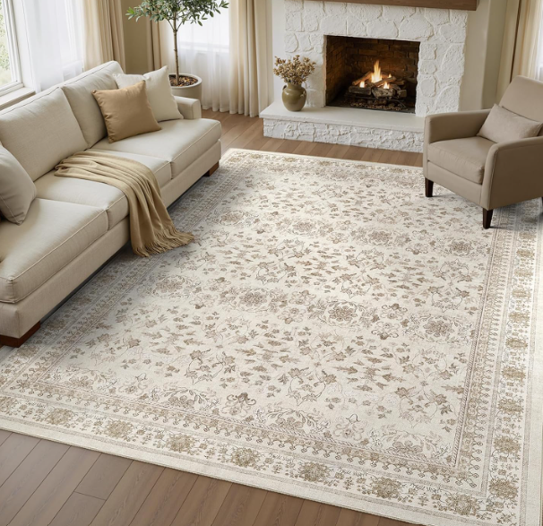 9x12 Area Rug for Living Room, Washable Vintage Pattern, Non-Slip Stain Resistant Soft Durable Floor Rug for Bedroom & Dining Room - (Light Brown & Beige)