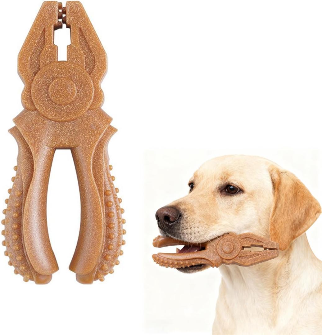 Dog Chew Toys, Aggressive chewer toy for Medium& Large dogs, Made of real pine wood and durable Food-Grade nylon, with Tool Shape Design for Dental Cleaning and Long-Lasting Chewing (brown-Pliers)