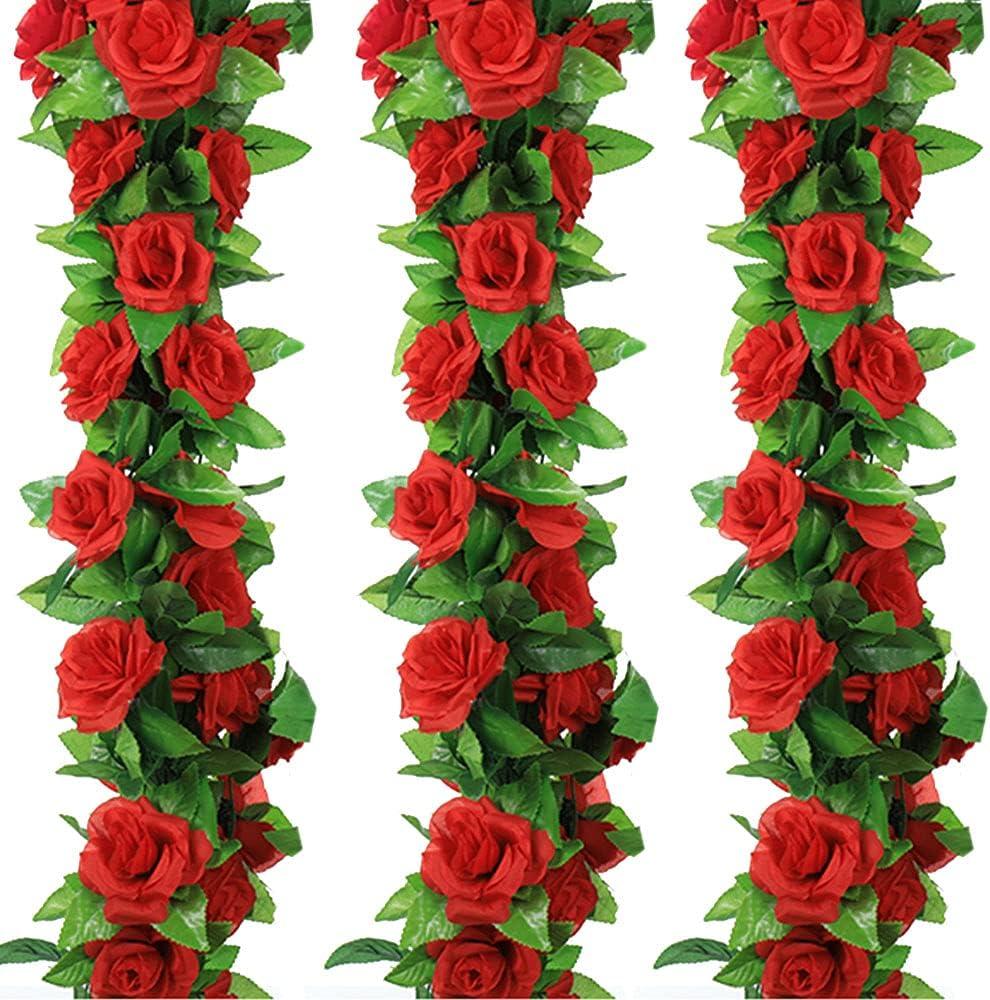 4 Pack Fake Rose Vine Flowers Plants 32.2 FT Artificial Flower Hanging Rose Ivy Home Hotel Office Wedding Party Garden Craft Art Decor (Red)