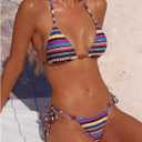 MakeMeChic Women's Striped Triangle Thong Micro Bikini Sets Halter Swimsuits Bathing Suit (S)