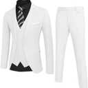 COOFANDY Men's 3 Piece Wedding Suit Set One Button Slim Fit Jacket Blazer Vest Pants Set Groom Prom Tuxedo Suits (Large, White)