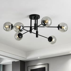 6-Light Glass Globe Sputnik Light Fixture Modern Matte Black Chandelier Semi Flush Mount Ceiling lamp for Living Room Kitchen Dining Room Farmhouse Bedroom