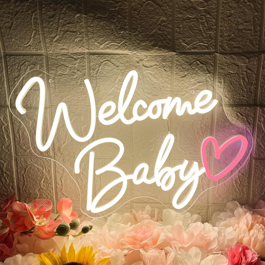 Welcome Baby Neon Sign, Dimmable Switch Welcome Led Signs for Wall Backdrop Decor, Warm White Neon Light Up Sign for Baby Shower Birthday Party Gender Reveal Bedroom Boys Girls Present