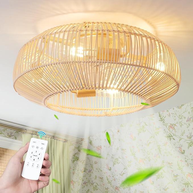 20'' Boho Rattan Ceiling Fan with Light, Coastal Caged Ceiling Fans with Lights and Remote Control, Enclosed Hidden Flush Mount with Reversible 6 Speeds for Living Room Bedroom Nursery