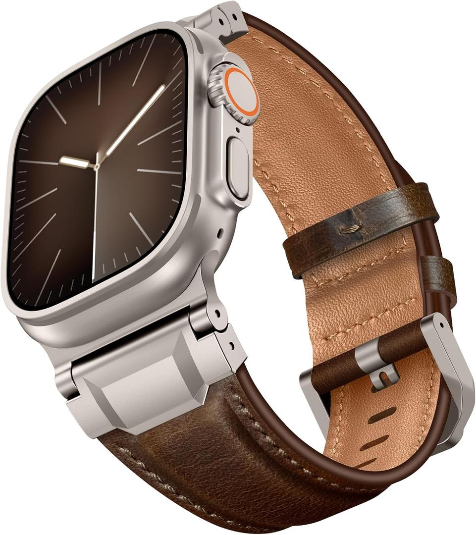 Leather Band Compatible with Apple Watch Ultra 3/2/1 Band 49mm 46mm 45mm 44mm 42mm, Leather Rugged Metal Connector Strap for iWatch Ultra Series 11/10/9/8/7/SE/6/5/4/3/2/1, Dark Brown/Titanium
