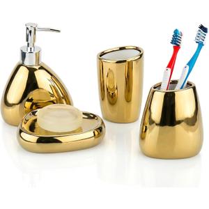 MyGift 4 Pcs Gold Bathroom Accessories Set with Toothbrush Holder, Soap Dispenser, Tumbler and Soap Dish, Bathroom Organizer Accessory for Modern Home Decor, Complete Ceramic