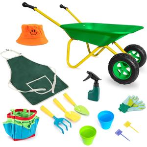 Toddler Metal Wheelbarrow Set for Kid with 12 PCS Gardening Tool(Green Set) | Children Wheelbarrow Toy with Apron,Gloves,Hat,Flower Pot,Bag,Label,Watering Sprayer,Pointed Shovel,Square Shovel,Rake