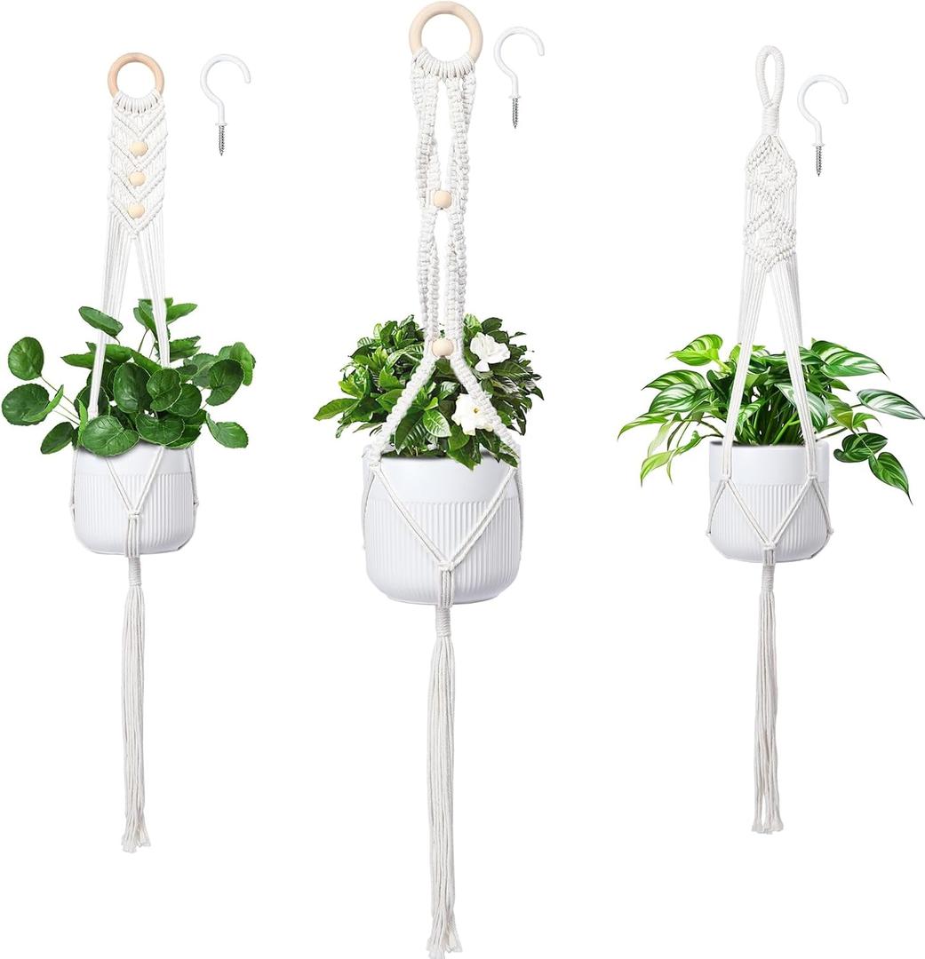 Macrame Plant Hanger 3 PCS Hanging Planters for Indoor Plants with Wood Decor Bohemian Wall Plant Hanger Outdoor Office (Beige 01)