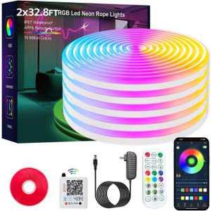 Neon Rope Lights, 66FT IC+RGB LED Strip Lights, App+Remote Control, Outdoor IP67 Waterproof, Music Sync, Color Changing, Flexible DIY Design Neon Lights for Bedroom, Gaming, Party Decor