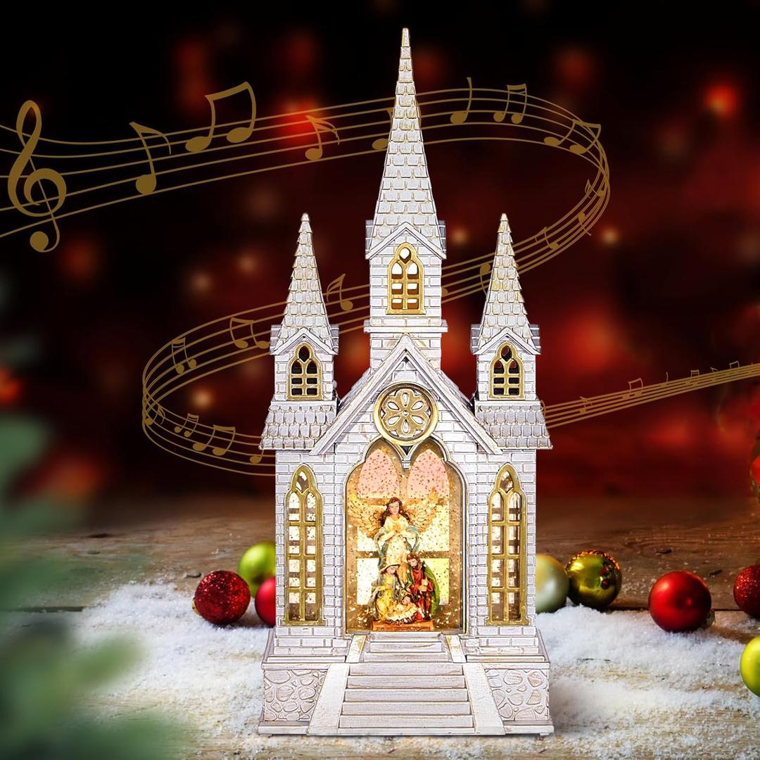 Church Snow Globe Lighted,Christmas Snow Lantern,Angel Holy Family Nativity Christmas Eve Glitter Snow Globe with Musical,Christian Decorations Indoor,Two Power Modes of Church Snow Globes (Color-3)