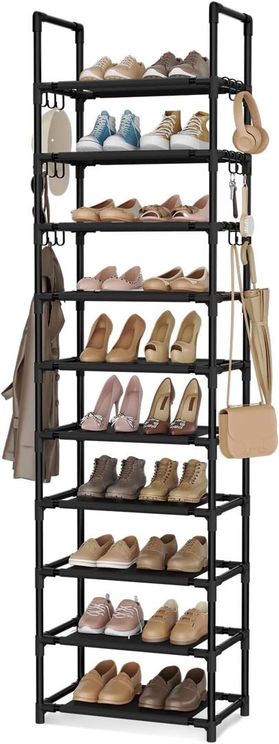 VTRIN 10 Tiers Tall Shoe Rack Holds 20-25 Pairs of Shoes Sturdy Vertical Shoe Organizer with 18pcs Hooks Stackable Narrow Shoe Rack for Closet, Entryway Black, 17" Wide - 10 Tier, Black