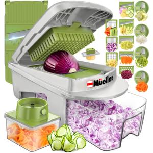 Mueller Pro-Series All-In-One, 12 Blade Mandoline Slicer For Kitchen, Food Chopper, Cucumber Slicer And Spiralizer, Cutter, Dicer, Grater, Gifts For Mom, Kitchen Essentials, White Sand/Green
