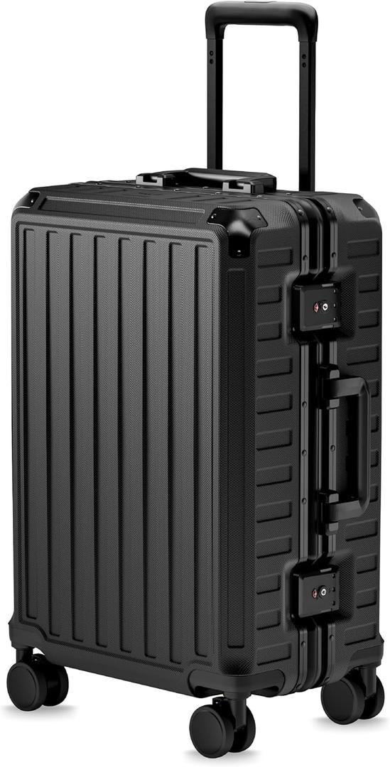 LUGGEX Carry On Luggage with Spinner Wheels, 8010S Aluminum Frame Zipperless Polycarbonate Hard Shell Suitcase (ZX-Core, Black, 21 Inch)
