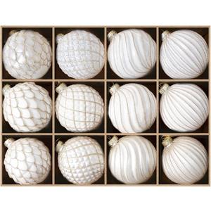 DN DECONATION Christmas Ball Ornaments Set of 12 3.14 White & Gold Vintage Glass Ornaments with 3D Surface, Elegant Glass Christmas Decorations for Tree, Holiday Winter Dcor & Parties