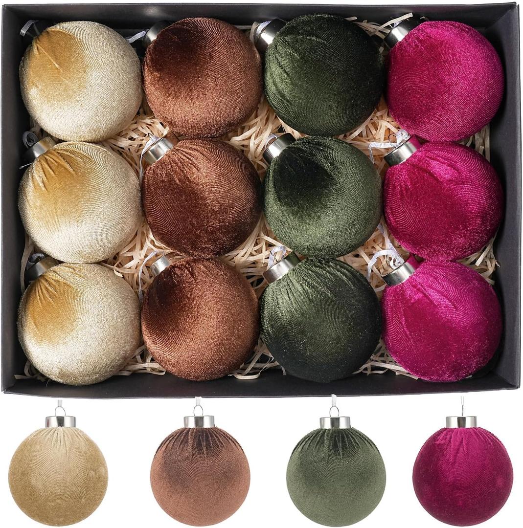 12 Pcs Velvet Christmas Ornaments Set - Burgundy Green Coffee Brown Large Shatterproof Christmas Tree Decorations, 3.15 Inch Multicolor Velvet Balls for Xmas Tree, Home, and Party Decor