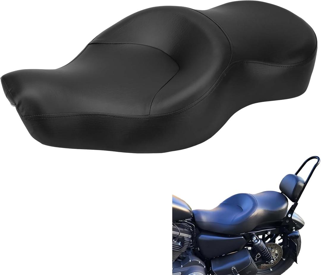 Motorcycle 2-Up Driver Passenger Seats Front Rear Cushion Pad Black Leather Replacement for Harley Davidson Sportster XL 883N XL 1200N