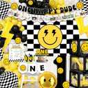 VivaVibe One Happy Dude 1st Birthday Party Decorations, First Birthday Decorations for Boy, Black Yellow Backdrop Balloons Boxes Banners Crown Poster for Lightning Baby Boy Birthday Party Supplies