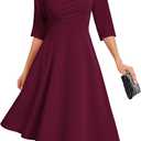 Bbonlinedress Midi Cocktail Dress Formal Wedding Guest 3/4 Sleeve Church V-Neck Work A-Line Swing Tea Party Dress (Burgundy)