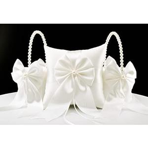 ATAILOVE 2 Flower Girl Baskets and Ring Bearer Pillow Set, Flower Girl Basket with Pearl Handle, Ivory Fariy Wedding Baskets for Flower Girls