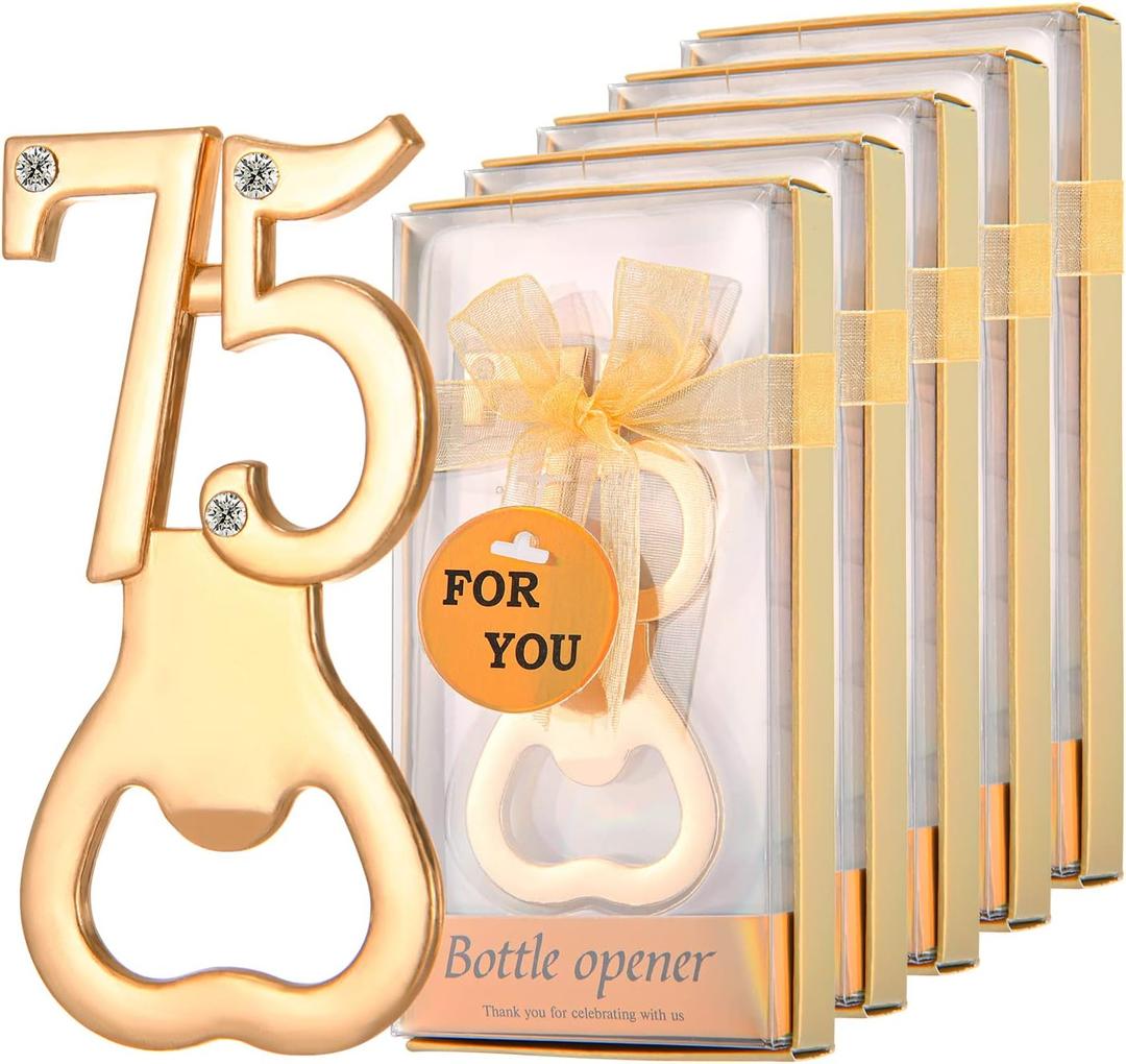 24Pcs Golden 75 Bottle Openers for 75th Birthday Party Favors Rhinestones Decorations for Wedding Anniversary Gifst Souvenrs or Keepsaks for Guests