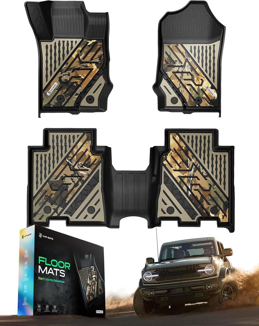 YHTAUTO Upgrade Camo Floor Mats Fit Ford Bronco 2021-2026 4 Door, All Weather Custom Fit Floor Liner w/Camouflage Pattern, TPE Heavy Duty Bronco Accessories Front & 2nd Row Liner