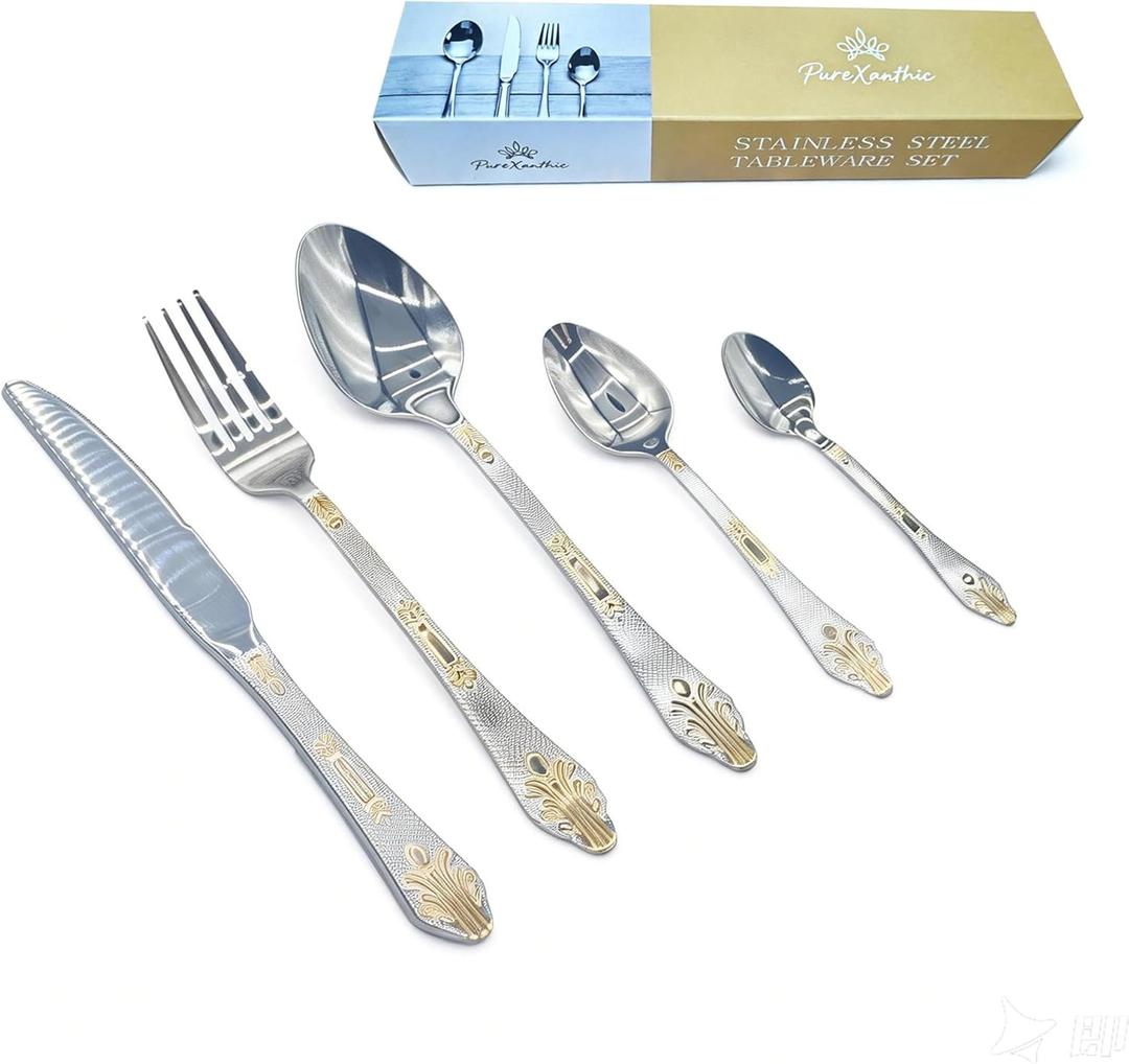 5pcs Dining Utensils Set with Etched Handle,18/10 Stainless Steel,Silver Flatware Adorned With Gold Motifs,Elegant Gold-AccentedPerfect Gift for Housewarming&Weddings, Dishwasher Safe