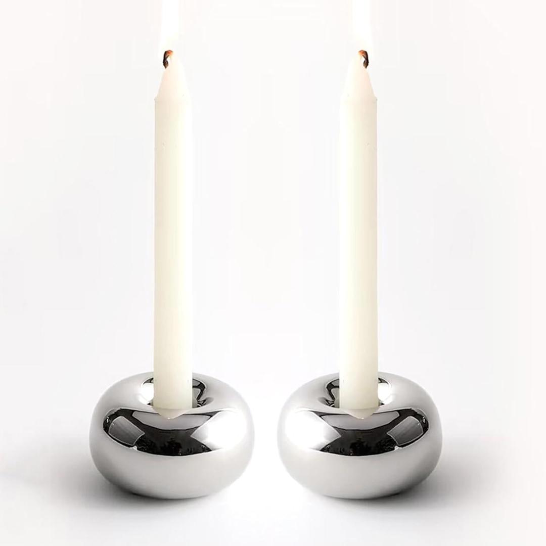 Silver Modern Doughnut Shaped Candlestick Holder, Small Decorative Taper Candle Holder for Bathtub Bedroom Livingroom, 2 Pack