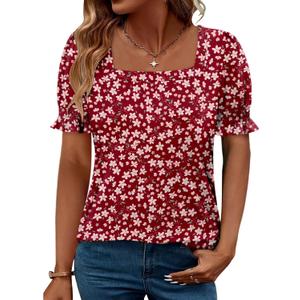 CRAZY GRID Womens Trendy Summer Tops Puff Sleeve Loose Fit Shirts Dressy Casual Blouses (M)